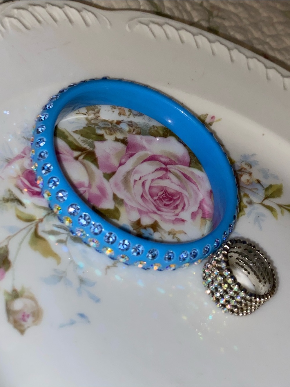 Iridescent A/B Blue Crystal-Embellished Bangle and Multirow Iridescent AB Ring